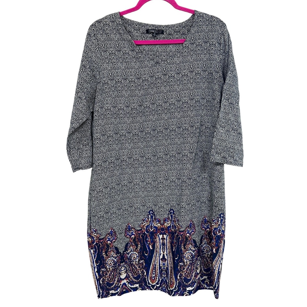 Gramercy 22 Womens M Chevron Paisley Border Print V-Neck Shift Dress Black Blue